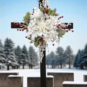 Holiday Cross with White Floral and Red Accents